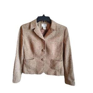Vtg LOFT Petites Wool Silk Blend Blazer Women’s 4P Brown Tan Fitted Short Twee